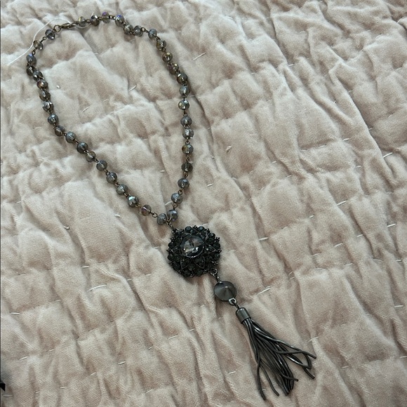 Elegant Silver Beaded Necklace with Tassel - Picture 1 of 6